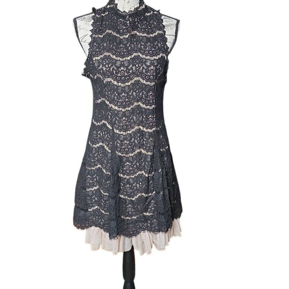Trixxi Size 11 Black Lace Overlay Nude Ruffle Sleeveless High Neck Dress